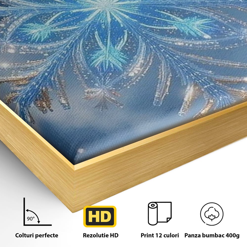 Detaliu al suprafetei: tablou vertical cu fulg de zapada, in rama de aluminiu auriu